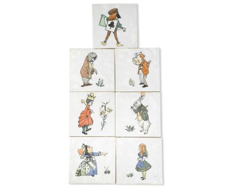 Minton, after Charles Francis Annesley Voysey, a set of seven Alice in Wonderland tiles, each dust pressed tile illustrated w