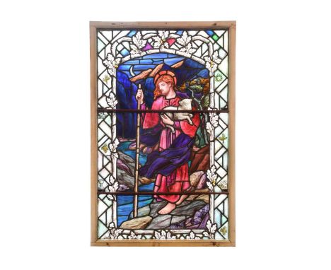 Mary Lowndes (1857-1929), a stained and leaded glass panel dated 1920, depicting Saint John in the wilderness holding a lamb 