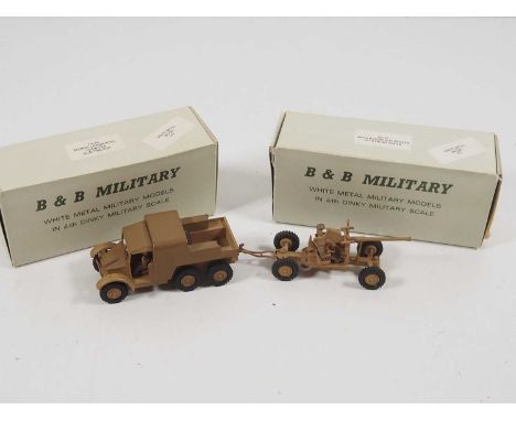 A pair of handbuilt whitemetal models by B&B MILITARY to 1:60 (Dinky) scale comprising a Morris 6x4 Gun Tractor and a 40mm Bo