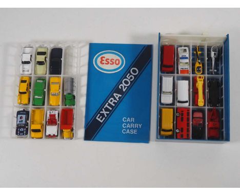 A CORGI JUNIORS 'Esso Extra 2050' 1970's diecast car carry case in the shape of an oil can complete with 23 cars - cars VG, c