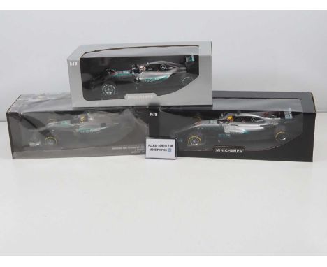 A group of MINICHAMPS 1:18 scale Mercedes-AMG Petronas Formula 1 cars, all Lewis Hamilton examples, 2013/2015/2017 cars - VG/