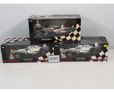 A group of MINICHAMPS 1:18 scale Honda / Brawn Formula 1 cars, all Jenson Button examples, 2006 - 2009 cars - VG/E in VG boxe