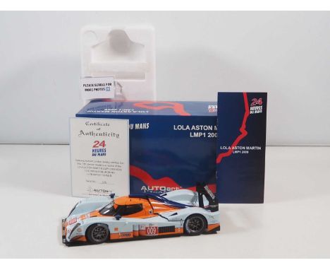 An AUTOART 1:18 scale Lola Aston Martin LMP1 Le Mans race car, 2009, #009 in Gulf livery - VG/E in G/VG box