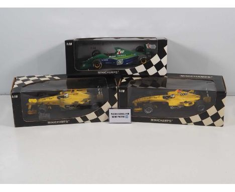 A group of MINICHAMPS 1:18 scale Jordan Ford Formula 1 cars comprising M.Schumacher 1991, G.Fisichella 2003 and N.Heidfeld 20