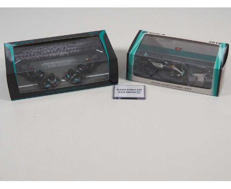 A pair of SPARK 1:43 scale Mercedes-AMG Formula 1 cars, both from Abu Dhabi GPs comprising a 2016 Nico Rosberg (World Champio