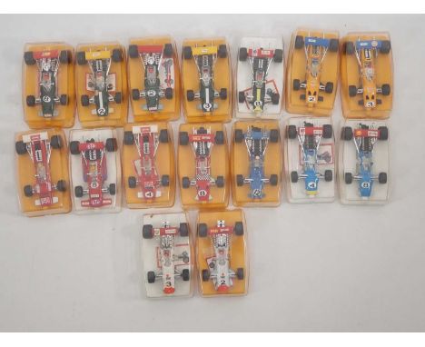 A group of POLISTIL/POLITOYS 1:32 scale Formula 1 cars circa early 1970's all in rigid plastic boxes with clear covers - VG/E