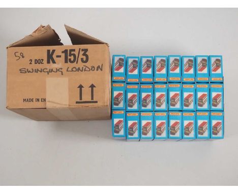 A MATCHBOX (Lesney) Superkings trade box containing 24x K-15 The Londoner bus in 'Carnaby Street' livery variant - VG/E in F/
