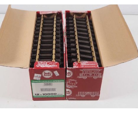 A pair of LGB G scale 10000 complete boxes of track each comprising 12 x 300mm straight sections - all as new, unused - VG/E 