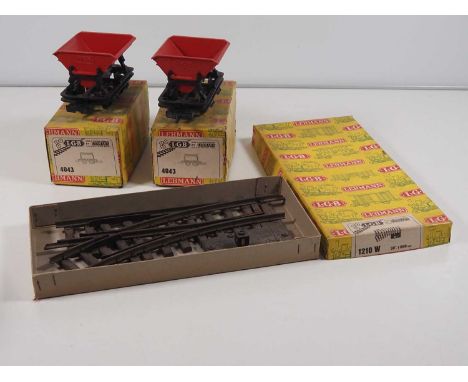 A pair of LGB G scale 4043 side tipping hopper wagons together with a 1210W left hand manual point - all in original boxes - 