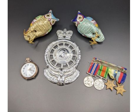 Collectables to two cloisonne model owls, a silver and gold rob watch A/F, miniature medals and a Royal Automobile Club badge