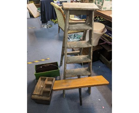 A mixed lot to include a vintage folding ladder, wall bracket with shelf, magazine rack and a housemaids bucketLocation: 