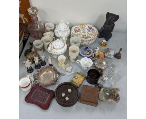 A mixed lot to include a set of seven 19th century porcelain plates, Worcester cup, jade ornament, Bohemian decanter and othe
