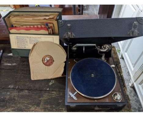 A Columbia table-top wind-up gramophone, with a case of 78rpm records to include Tchaikovsky Piano Concerto No. 1 Location: 