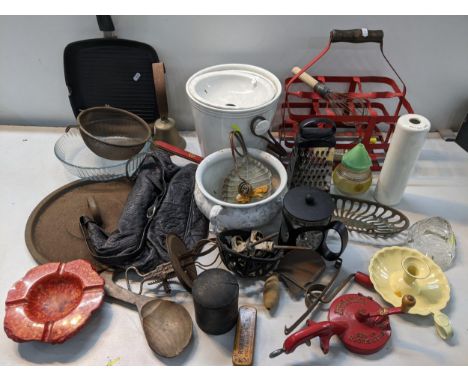 A mixed lot to include a 'Nutbrown' rolling pin, jelly mould, Spong & Co bean slicer, Edwardian bucket, letter punches and ot