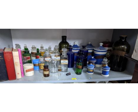 A collection of Victorian glass and ceramic Pharmacy and Chemist bottles and jars to include a large green bottle for R Rhei,