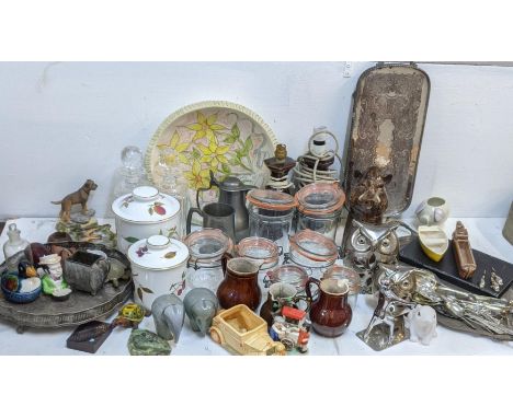 Ceramics, glassware and metalware to include two Wedgwood glass elephants, Royal Worcester Evesham pattern storage jars, Wade