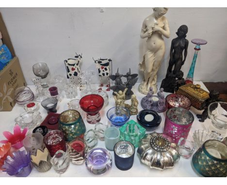 Modern ceramics and glassware to include tea light holders, composition figurines and candlesticksLocation: 