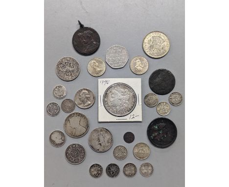 Mixed coins to include 1896 'Morgan Dollar' 1873 Gothic florin, 1807 Penny, 1819 sixpence, 1923 half Rupee and others to incl