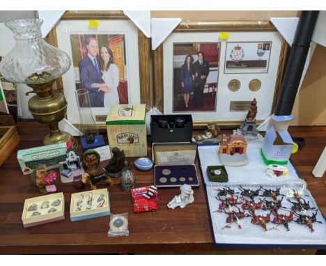 A mixed lot of Royalty and other collectables to include a William and Kate Royal Union 2011 coin picture in glazed frame, Br