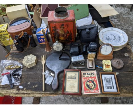 A mixed lot to include a Japanned Tole ware tea canister, Dunhill silver plated cigarette lighter in case, enamelled silver R