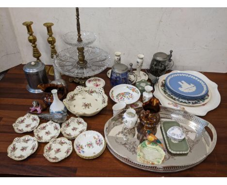 A mixed lot to include Wedgwood Jasperware, silver plate, brass candlesticks, Beswick pheasant ashtray, Rosenthal Moliere and