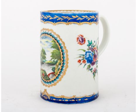 First Period Worcester polychrome mug, Lord Henry Thynne pattern, circa.1770, painted landscape, underglazed blue open cresce