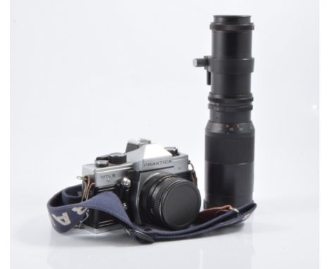 Praktica SLR camera in bag, with four lenses and a tripod, (6).