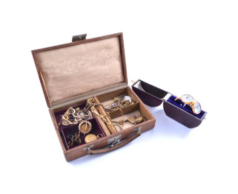 A collection of Victorian and Edwardian jewellery in jewel box, eleven fobs/charms attached to a chain, a 9 carat yellow gold