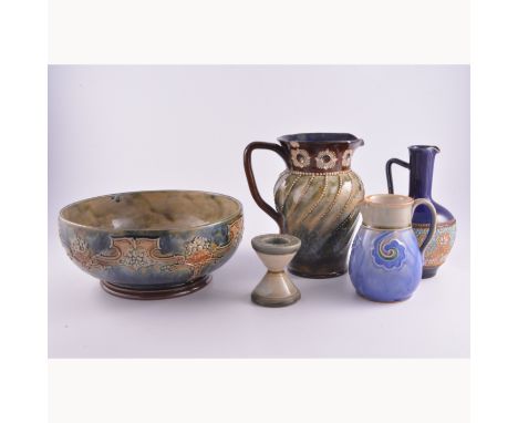 Royal Doulton ovoid vases, floral decoration on the blue ground, 22cm; tavern jug; teapot; three glazed jugs; small planter; 