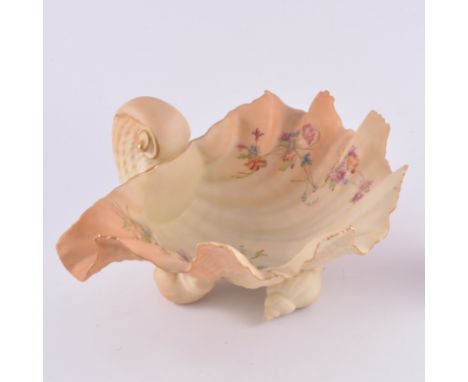 Royal Worcester blush shell dish, decorated with flowers on three shell feet G971, 24cm diameter, a 1116 jug 17cm, a 1587 jug