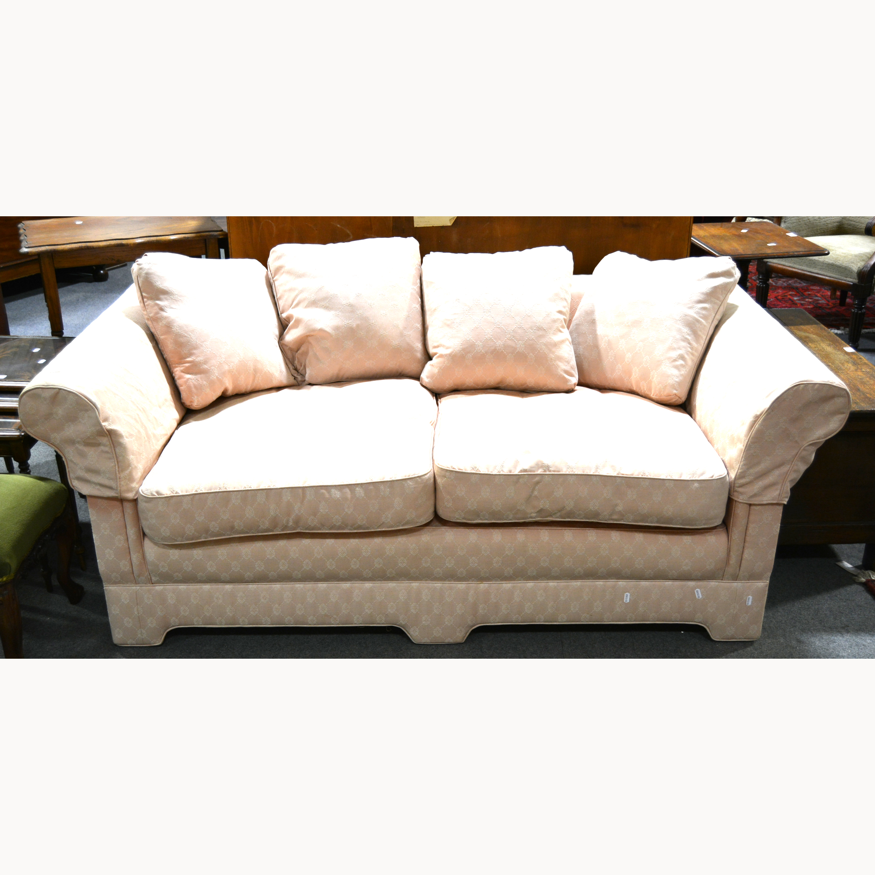 Pair of WesleyBarrell sofas, trellis pattern upholstery, length 202cm