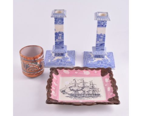 Pair of Copeland Spode Tower transfer ware candlesticks, 2cm; other transfer ware and European ceramics.