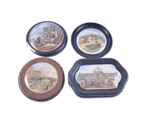 A collection of ten Prattware pot lids, The Farriers (324), Pegwell Bay - established 1760, Holborn Viaduct (202), Game Bag (