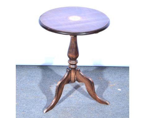 Stained wood occasional table, circular inlaid top, turned column, tripod legs, diameter 50cm, height 68cm.