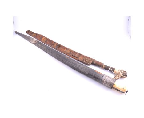 Borneo Mandau, 57.5cm curved and decorated blade, carved bone handle, wooden scabbard, together with a Khyber knife, 66cm bla