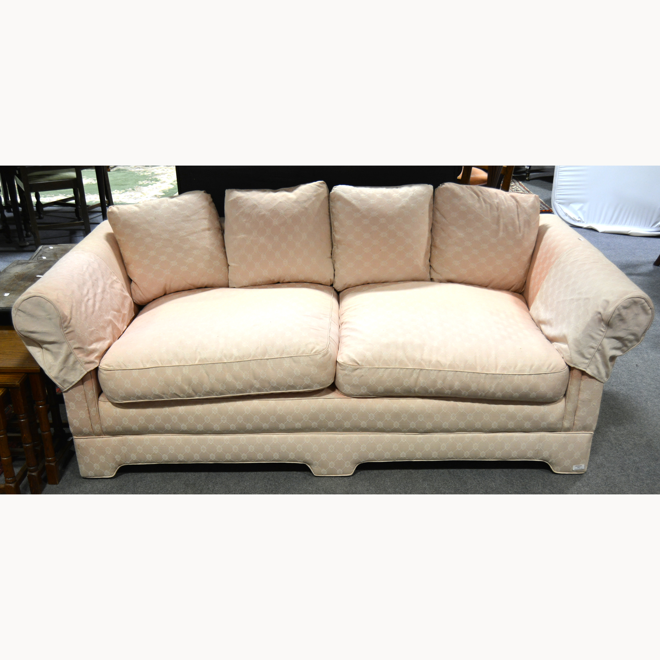 Pair of WesleyBarrell sofas, trellis pattern upholstery, length 202cm