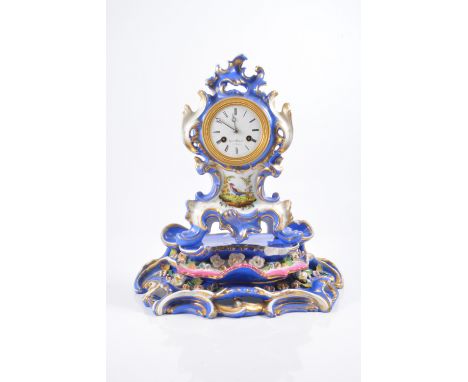 French porcelain balloon mantel clock, late 19th Century, blue ground, gilt highlights and painted panels, circular enamel di