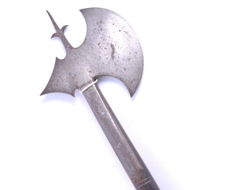 Axe, 18.5cm curved blade, turned and ringed shaft, 84cm overall.