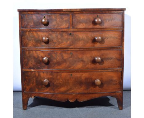 Late Georgian mahogany bow-front chest of drawers, fitted with two short and three long drawers, bracket feet, width 103cm, h