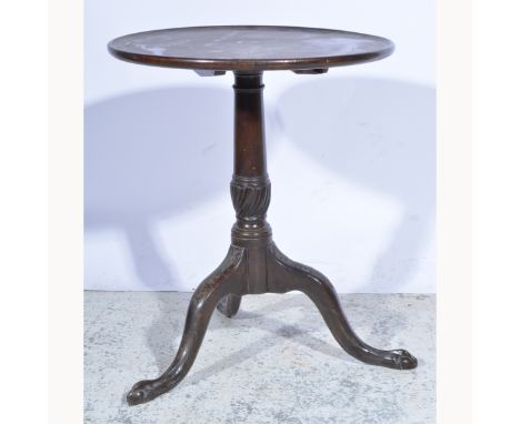 Georgian mahogany tripod table, circular tilt top, turned fluted column, carved and scrolled legs, diameter 56cm, height 67cm