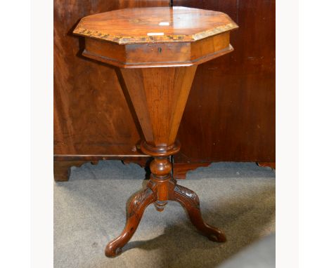 Victorian walnut pedestal work table, octagonal hinged lid with Tunbridge ware banding and marquetry inlay, enclosing a fitte