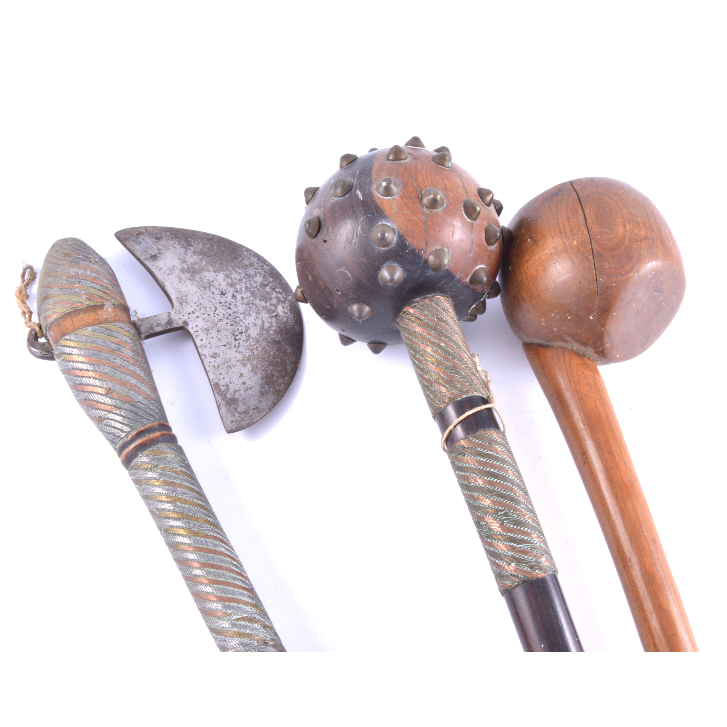 African hardwood knobkerrie, the head with brass pins, wire bound shaft