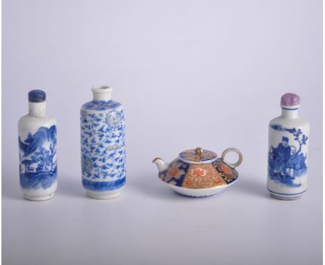 Imari pattern miniature teapot, decorated in a traditional palette, 4cm; a small Chinese blue and white vase; two Chinese snu