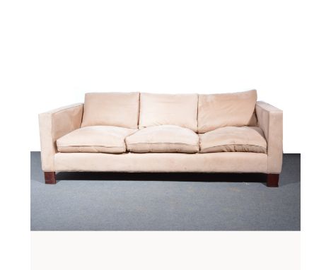 Large contemporary sofa, suede upholstered loose cushions on block feet length 216cm, depth 101cm, height 90cm, by the Sofa W