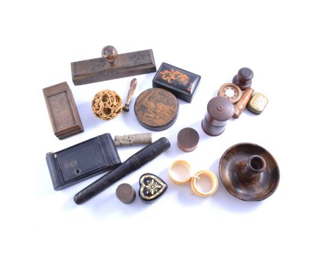 Tortoiseshell ringbox, ring sizer, inlaid box, candle holder, along with watchmaking items, snuff box, vintage camera and ser