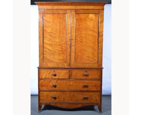 Early Victorian mahogany press cupboard, two panelled doors to the upper section, lacking slides, two short and two long draw