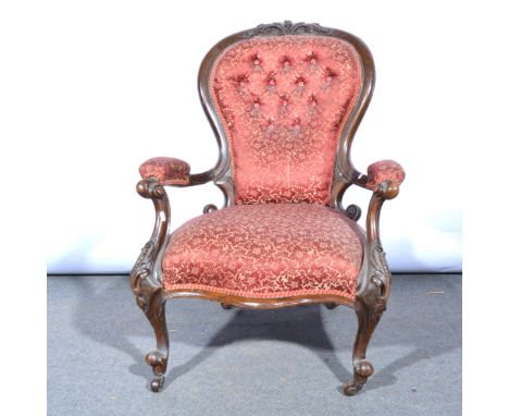 Victorian walnut button back armchair, carved frame, cabriole legs, width 73cm.