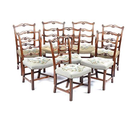 FINE SET OF EIGHT NINETEENTH GEORGIAN STYLE MAHOGANY LADDER BACK DINING CHAIRS ON SQUARE WAVE MOULD LEGS WITH FITTED UNDERSTR