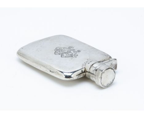 An Edwardian silver hip flask, the 1/12 PT rectangular vessel bearing engraved initials, overall good condition and cap fits 