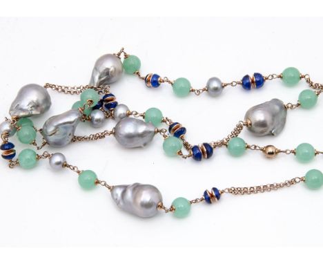 A silver gilt long necklace, set with blister pearls, enamel beads and treated jade, 55cm 